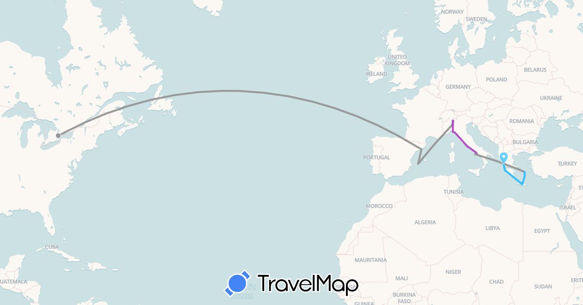 TravelMap itinerary: driving, plane, train, boat in Canada, Spain, Greece, Italy, Vatican City (Europe, North America)